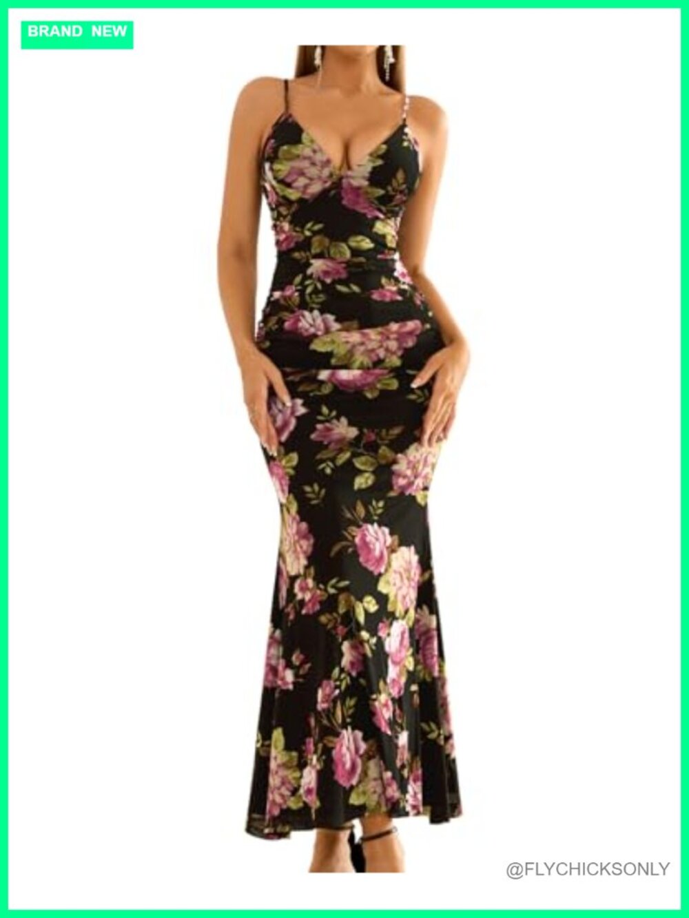 GLNEGE Floral Maxi Dress Ruched Bodycon Mermaid Hem Wedding Guest